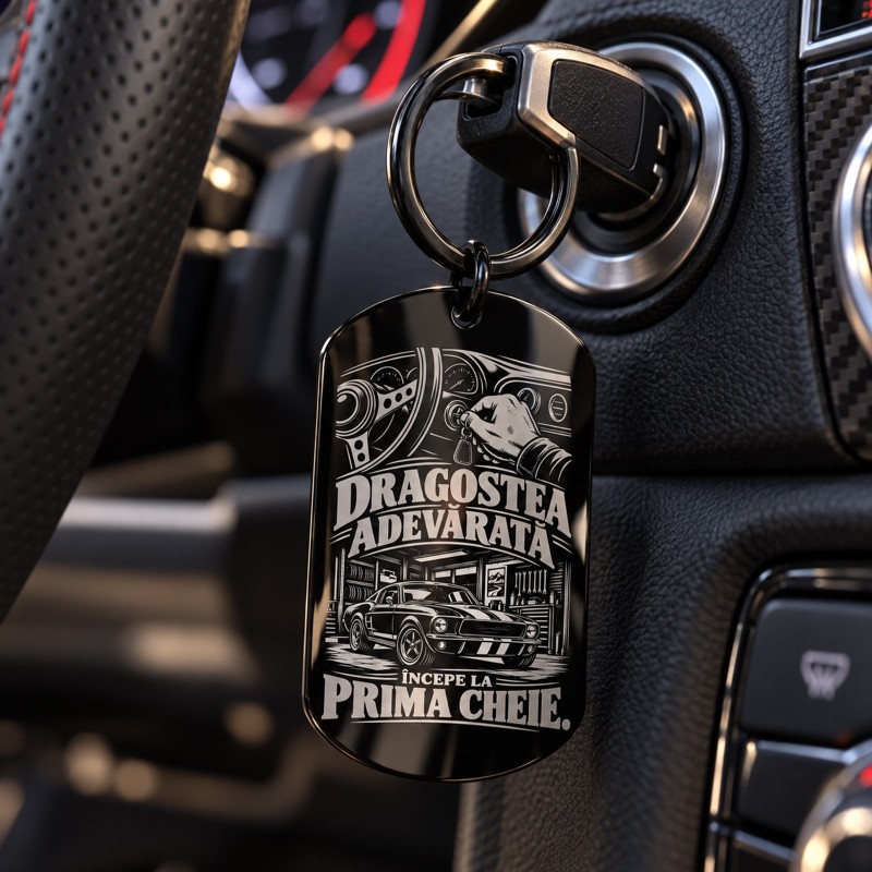 Breloc gravat inox „Dragostea adevărată începe la prima cheie.” | Colecția "Garage Legends"