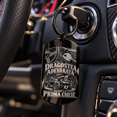 Breloc gravat inox „Dragostea adevărată începe la prima cheie.” | Colecția "Garage Legends"