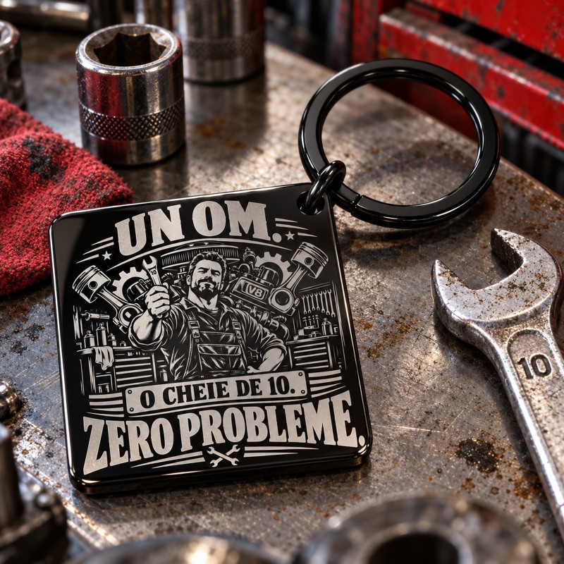                  Breloc gravat inox „Un om. O cheie de 10. Zero probleme.” | Colecția "Garage Legends"
               