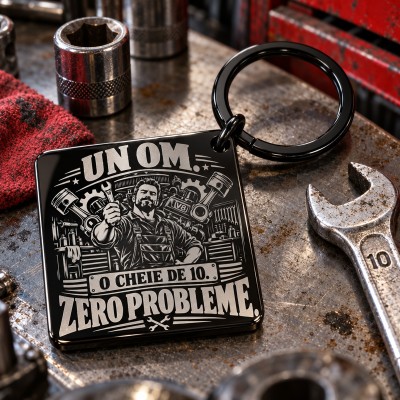 Breloc gravat inox „Un om. O cheie de 10. Zero probleme.” | Colecția "Garage Legends"