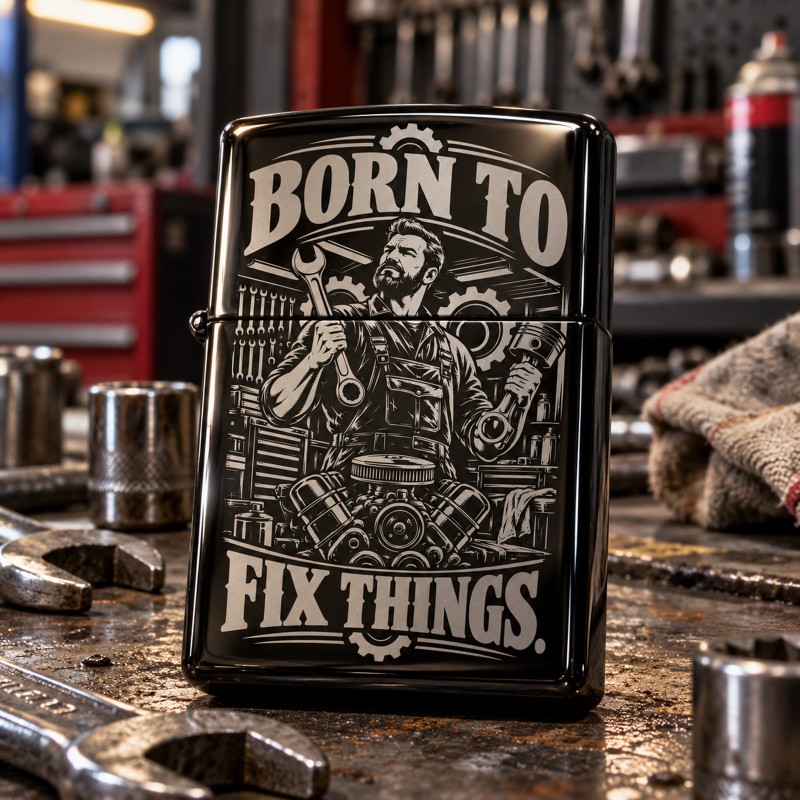                  Brichetă neagră gravată „Born to Fix Things” | Cadou mecanic
               