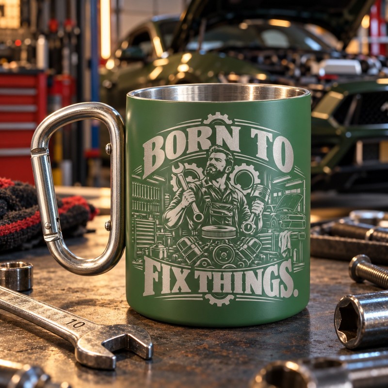                  Cană verde 200ml gravată „Born to Fix Things” | Cadou mecanic
               