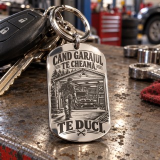 Breloc gravat inox „Când garajul te cheamă. Te duci.” | Colecția "Garage Legends"