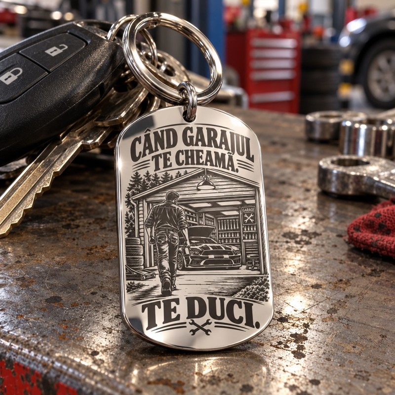                  Breloc gravat inox „Când garajul te cheamă. Te duci.” | Colecția "Garage Legends"
               