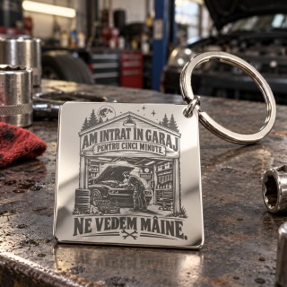 Breloc gravat inox „Am intrat în garaj pentru cinci minute. Ne vedem mâine.” | Colecția "Garage Legends"