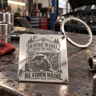 Breloc gravat inox „Am intrat în garaj pentru cinci minute. Ne vedem mâine.” | Colecția "Garage Legends"