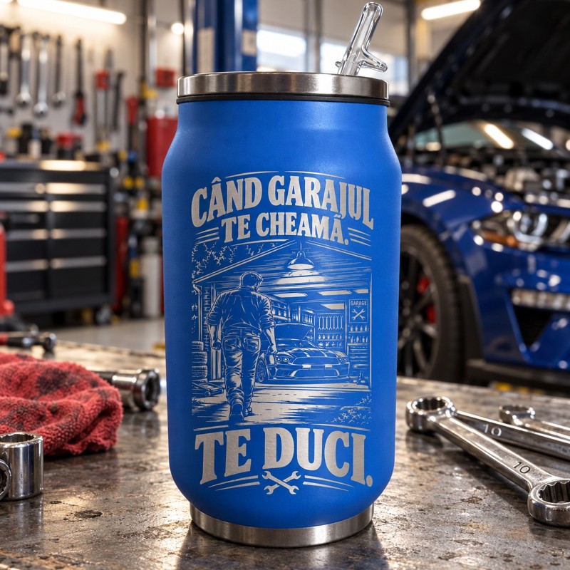                  Cană termos 250ml „Când garajul te cheamă” | Cadou mecanic
               