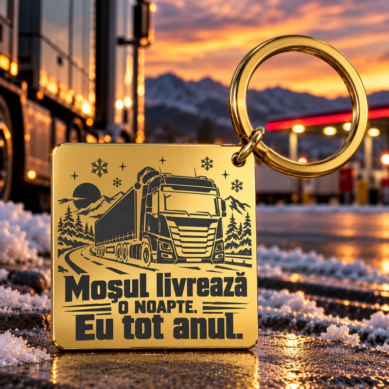 Breloc Inox Auriu Gravat Șofer TIR – Cadou Crăciun | Giftopolis