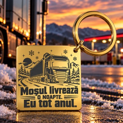 Breloc Inox Auriu Gravat Șofer TIR – Cadou Crăciun | Giftopolis