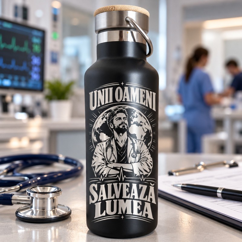                  Termos Gravat Negru 500 ml „Unii Oameni Salvează Lumea” | Giftopolis
               