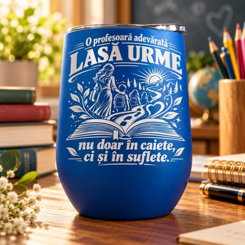 Pahar de Vin Gravat Albastru 360 ml – Cadou Profesoară | Giftopolis