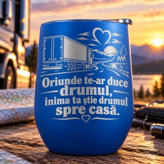 Pahar de Vin Gravat Albastru 360 ml – Cadou Șofer TIR | Giftopolis