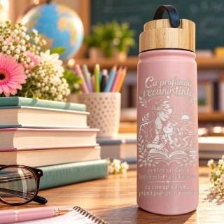 Termos Gravat Roz 500 ml „Cu Profundă Recunoștință” | Giftopolis