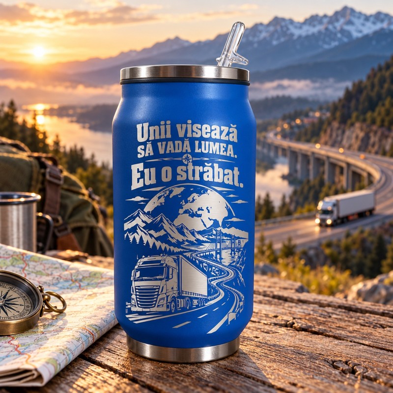 Doză Termică Gravată Albastră 250 ml – Cadou Șofer TIR | Giftopolis