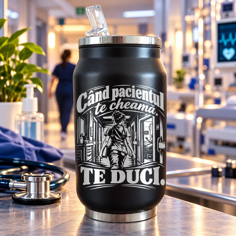 Doză Termică Gravată Neagră 250 ml – Cadou Medic și Asistentă | Giftopolis