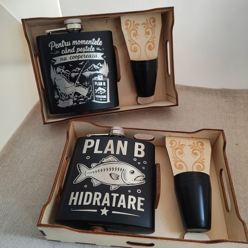 Set ploscă inox 200ml cu pahare – PLAN B Hidratare | Cadou pescari