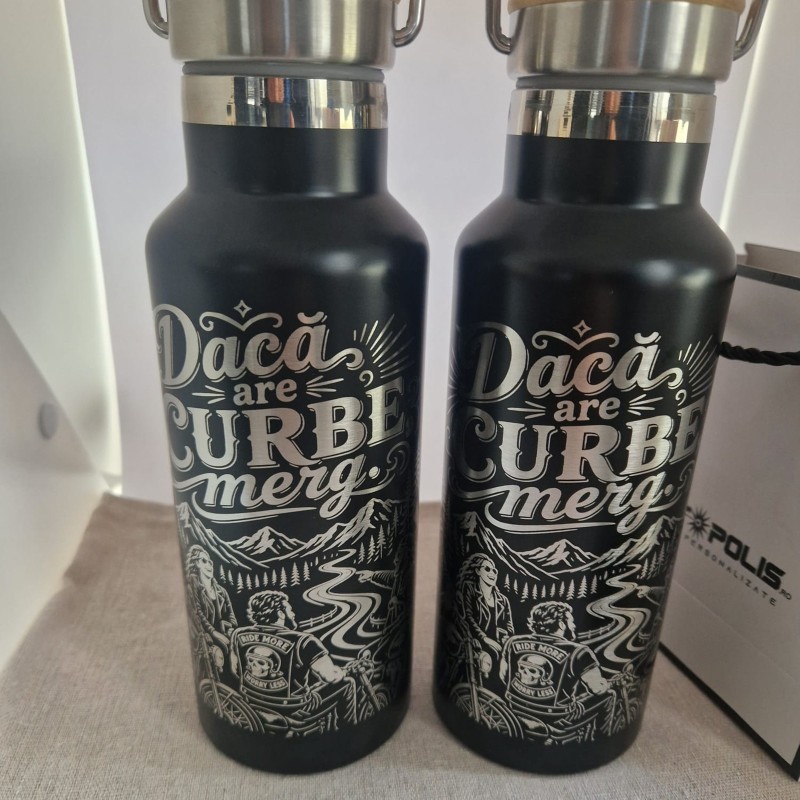Termos negru inox 500ml „Dacă are curbe, merg” | Cadou pentru motocicliști