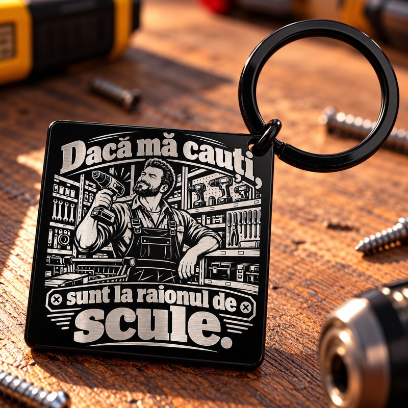 Breloc Negru Gravat „Dacă Mă Cauți, Sunt la Scule” | Meșterul Casei