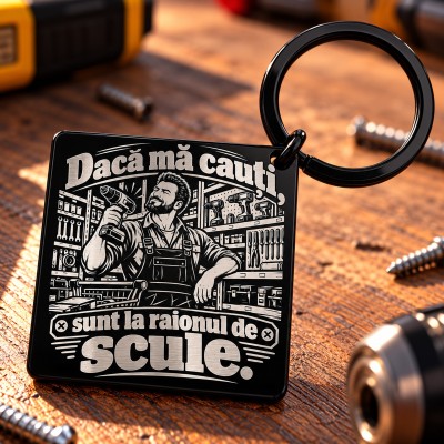 Breloc Negru Gravat „Dacă Mă Cauți, Sunt la Scule” | Meșterul Casei