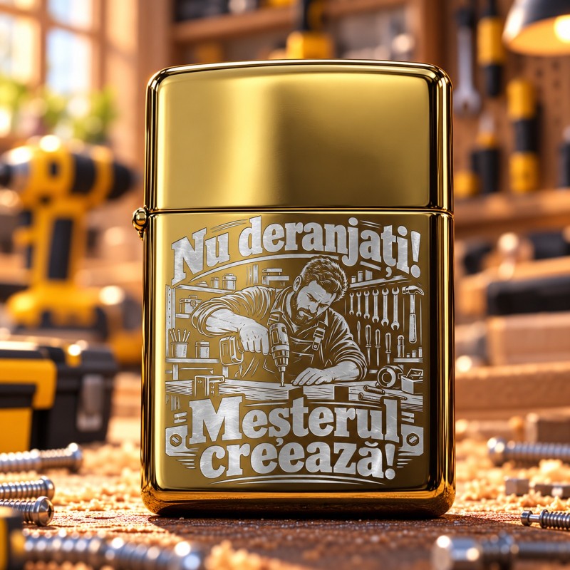                  Brichetă Aurie Gravată „Nu Deranjați! Meșterul Creează!” | Giftopolis
               