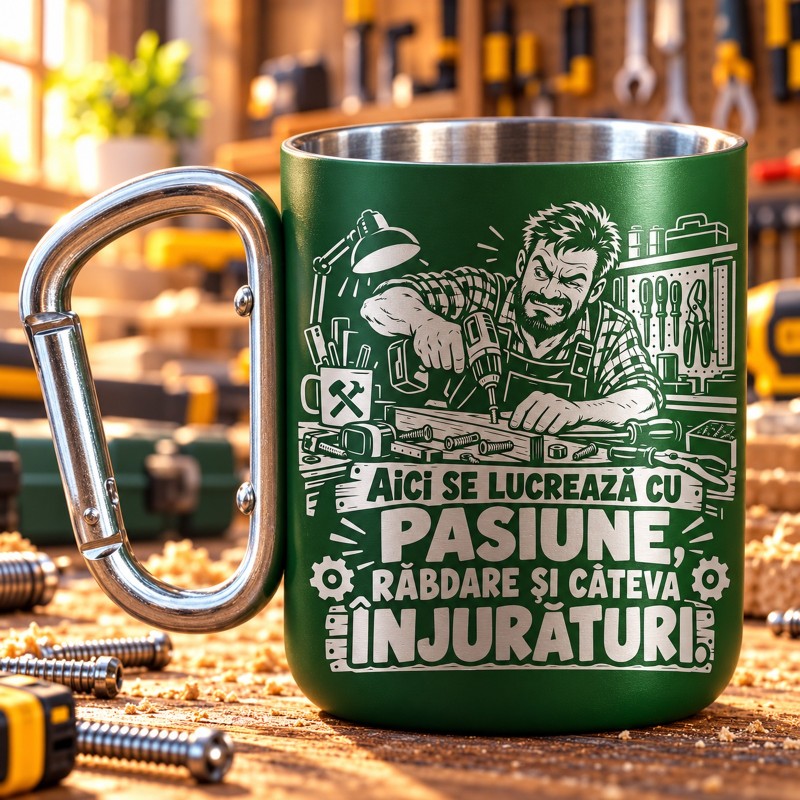                  Cană Carabinieră Verde „Aici Se Lucrează cu Pasiune” | Meșterul Casei
               