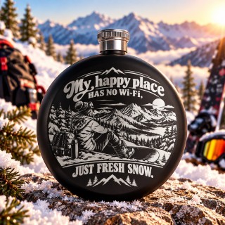 Ploscă Rotundă Neagră „My Happy Place Has No Wi-Fi” | Born for Snow