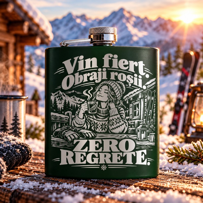                 Ploscă Verde Gravată „Vin Fiert, Obraji Roșii” | Born for Snow
               