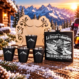 Set Ploscă Neagră cu 4 Păhărele Gravate | Born for Snow