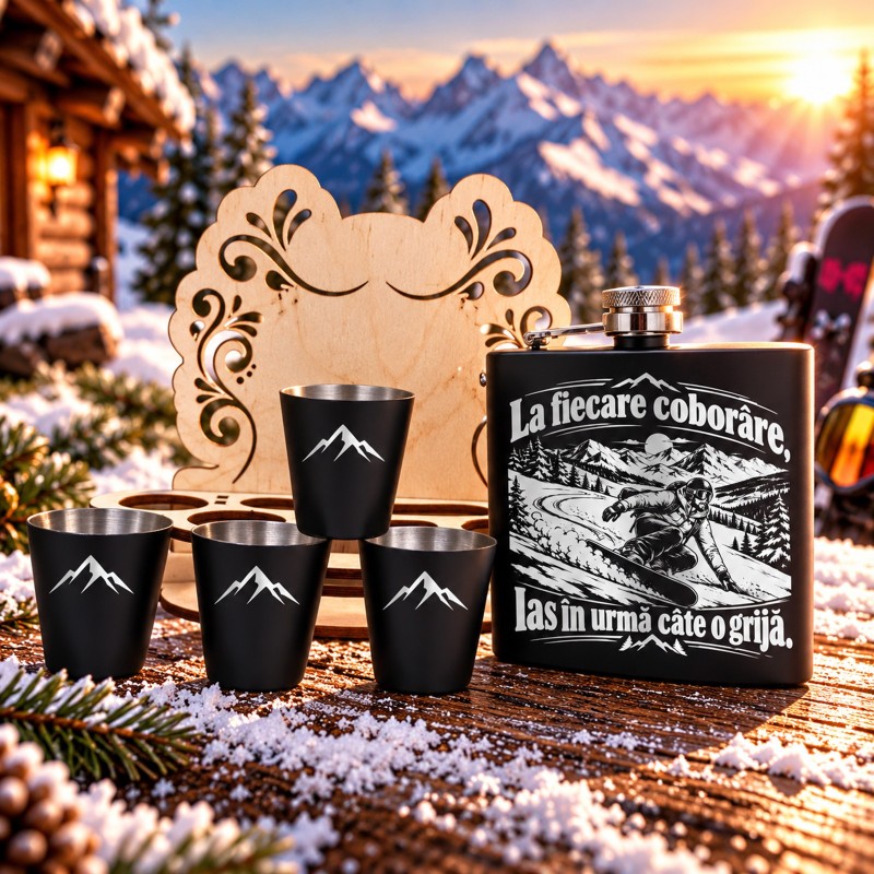 Set Ploscă Neagră cu 4 Păhărele Gravate | Born for Snow