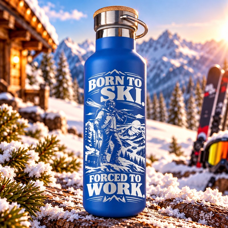                  Termos Albastru 500 ml „Born to Ski, Forced to Work” | Born for Snow
               