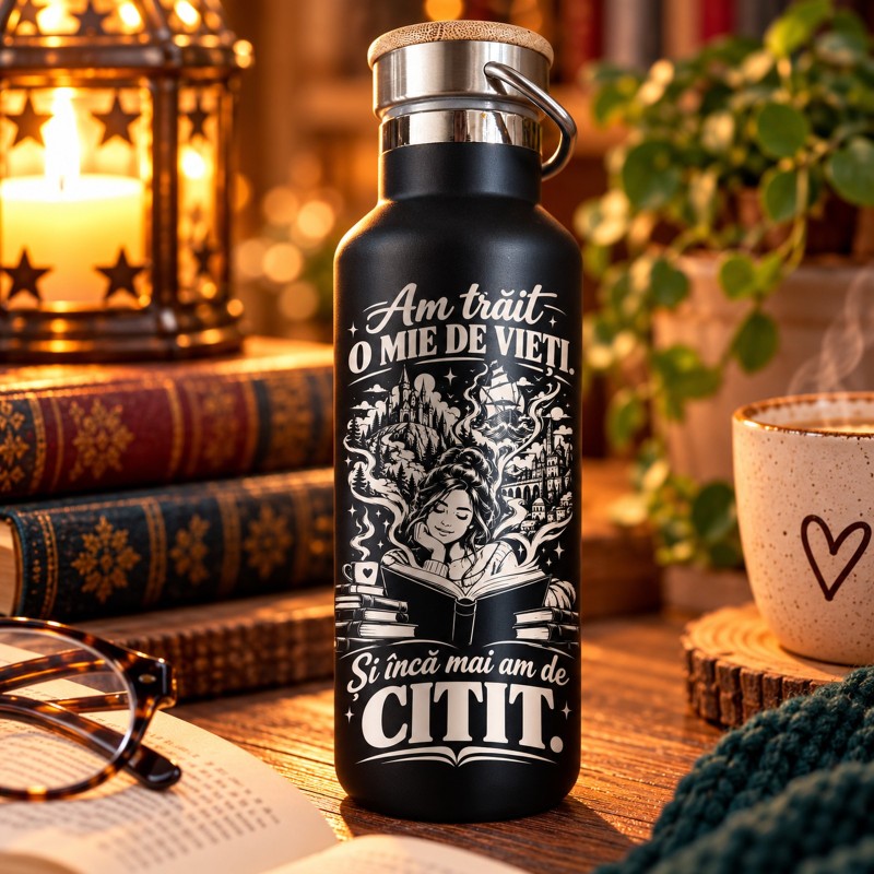 Termos Gravat Negru 500 ml „Am Trăit o Mie de Vieți” | Giftopolis