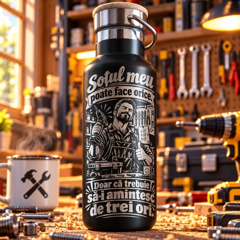                  Termos Negru 500 ml „Soțul Meu Poate Face Orice” | Meșterul Casei
               