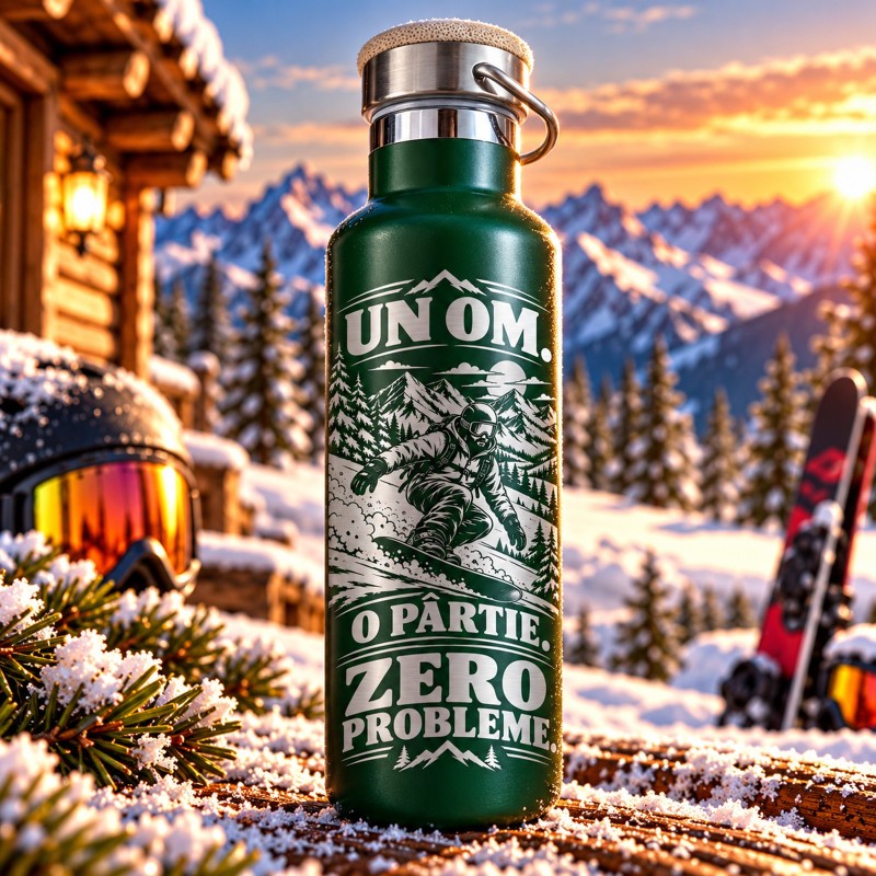                 Termos Verde 500 ml „Un Om. O Pârtie. Zero Probleme.” | Born for Snow
               