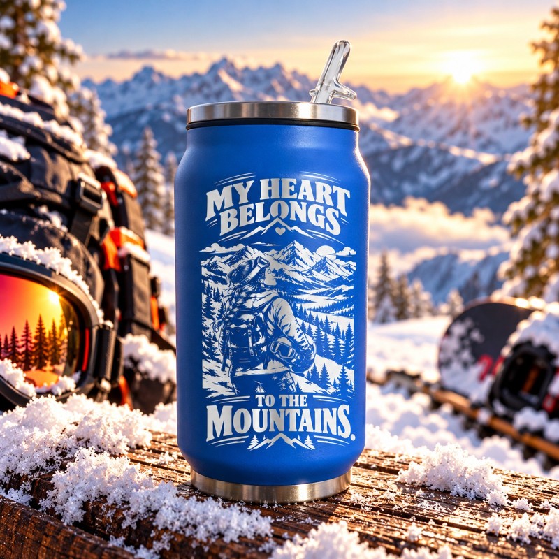                  Cană tip Doză Albastră 250 ml „My Heart Belongs to the Mountains” | Born for Snow
               
