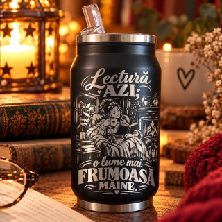 Doză Inox Gravată Neagră 250 ml „Lectură Azi” | Book Lover – Giftopolis