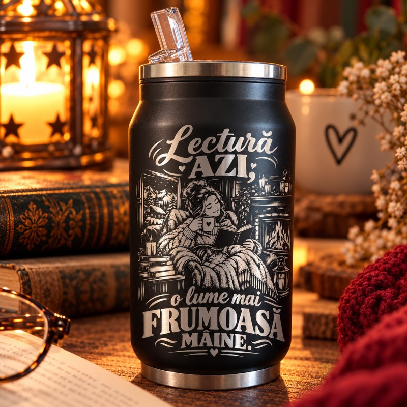 Doză Inox Gravată Neagră 250 ml „Lectură Azi” | Book Lover – Giftopolis