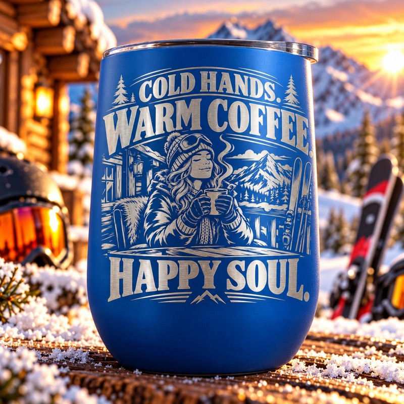 Pahar de Vin Albastru 360 ml „Cold Hands. Warm Coffee.” | Born for Snow