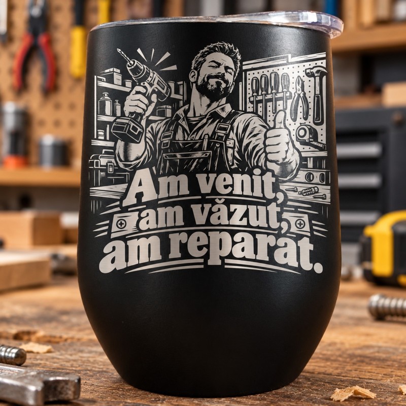 Pahar de Vin Negru 360 ml „Am Venit, Am Văzut, Am Reparat” | Meșterul Casei