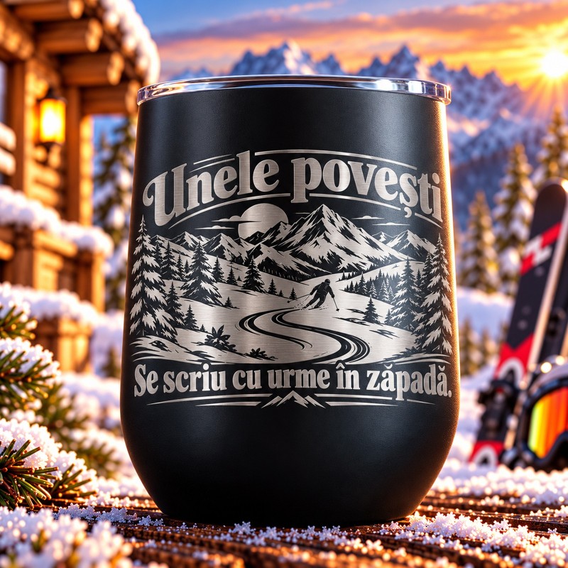                  Pahar de Vin Negru Gravat „Unele Povești Se Scriu cu Urme în Zăpadă” | Colecția Born for Snow
               
