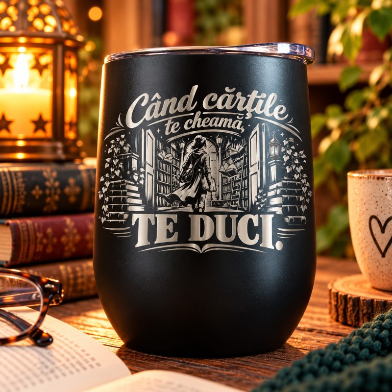Pahar de Vin Gravat Negru 360 ml „Când Cărțile Te Cheamă” | Giftopolis