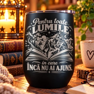 Pahar de Vin Gravat Negru 360 ml – Cadou Book Lover | Giftopolis