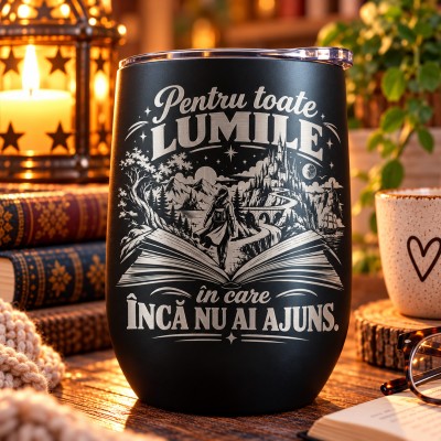 Pahar de Vin Gravat Negru 360 ml – Cadou Book Lover | Giftopolis