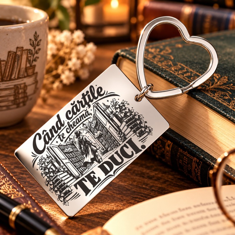                  Breloc Argintiu Gravat „Când Cărțile Te Cheamă” | Book Lover
               