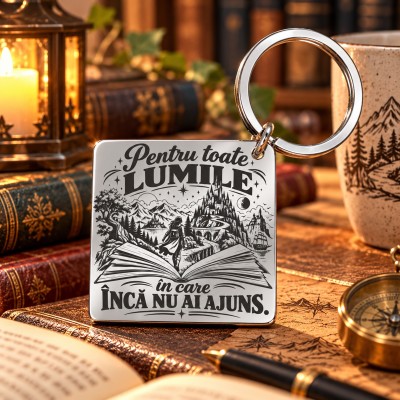 Breloc Argintiu Gravat „Pentru Toate Lumile” | Book Lover – Giftopolis
