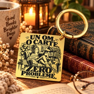 Breloc Auriu Gravat „Un Om. O Carte. Zero Probleme.” | Book Lover