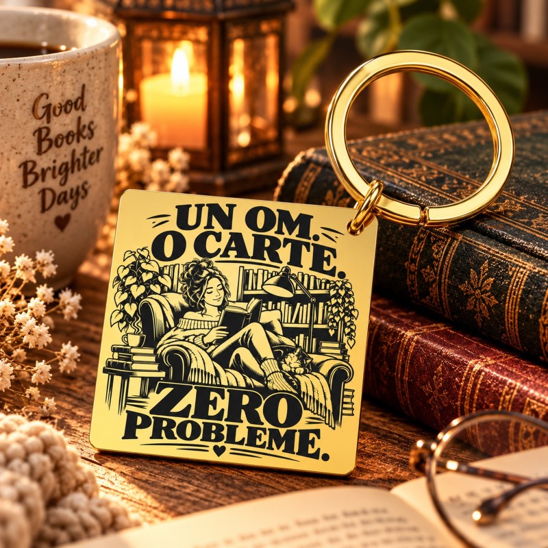                  Breloc Auriu Gravat „Un Om. O Carte. Zero Probleme.” | Book Lover
               