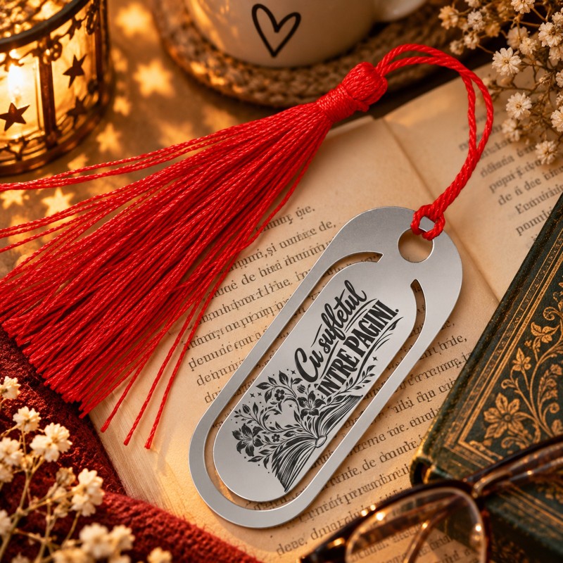                  Semn de Carte Argintiu Gravat „Cu Sufletul Între Pagini” | Book Lover
               