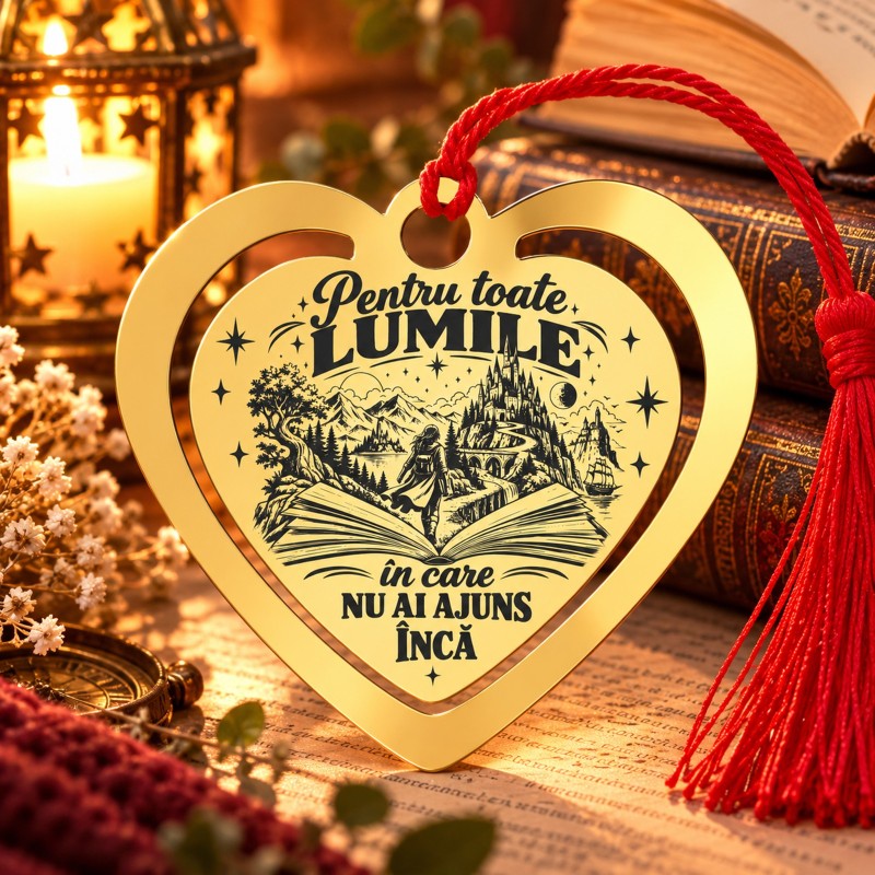                  Semn de Carte Auriu Inimă Gravat „Pentru Toate Lumile” | Book Lover
               