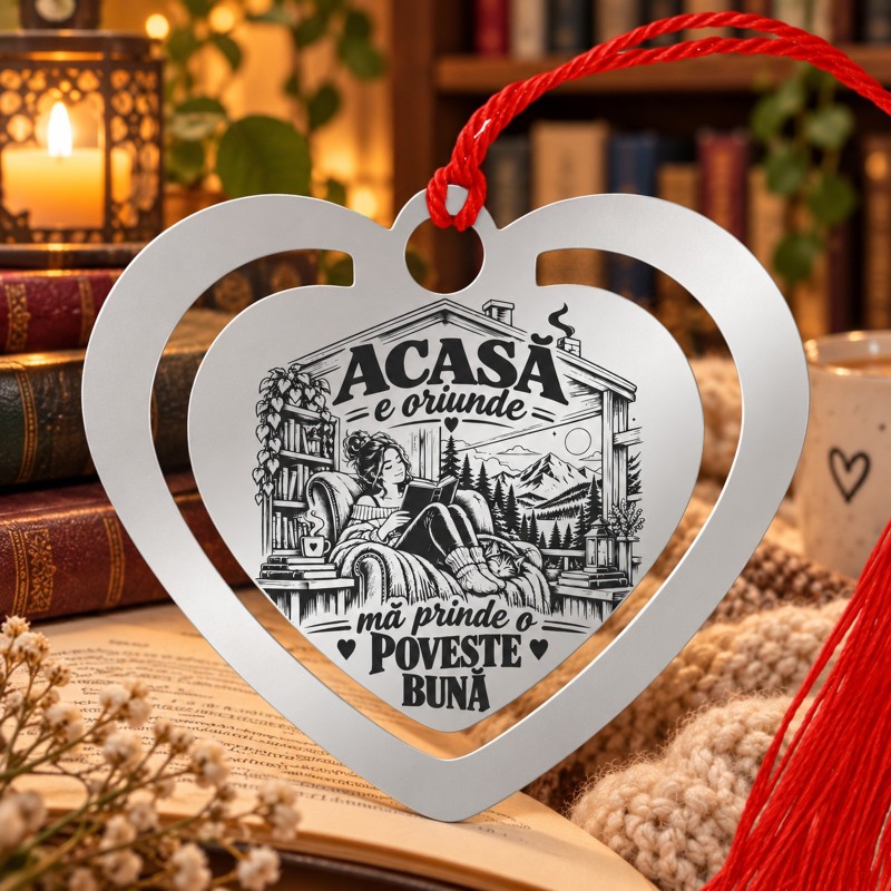                  Semn de Carte Argintiu Inimă „Acasă e Oriunde” | Book Lover
               