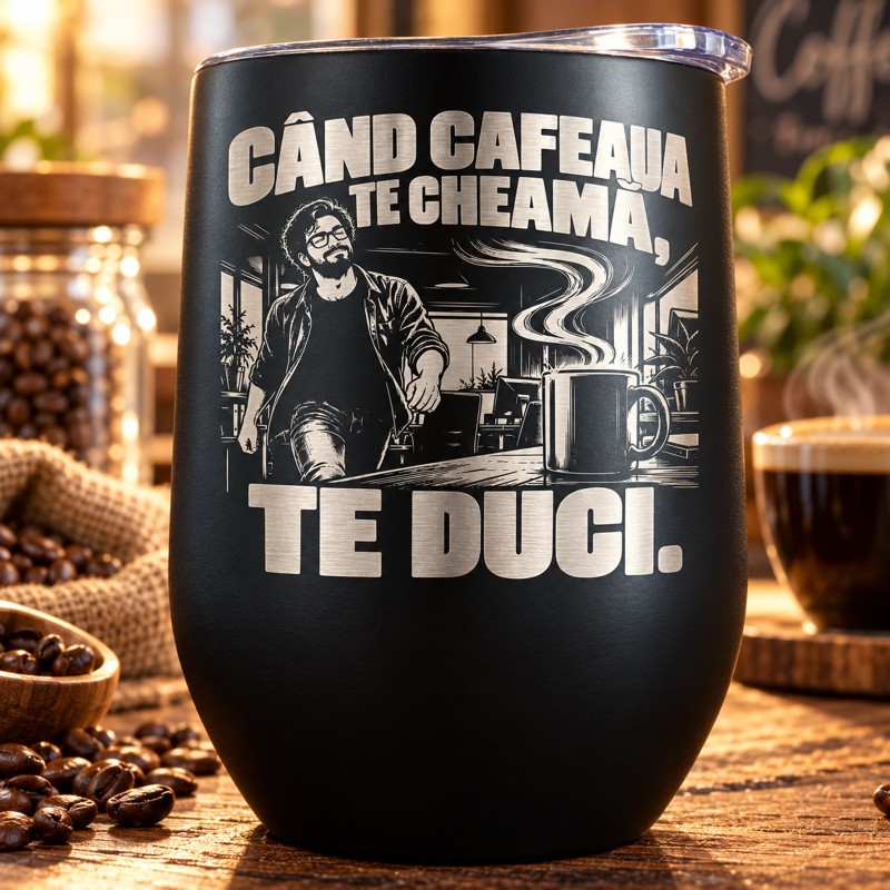 Termos tip Pahar Vin Negru 360 ml „Când Cafeaua Te Cheamă”